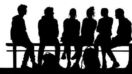 Black Solid Students on Bench Silhouettes Set of Six on White Background isolated on plain white background.のイラスト素材