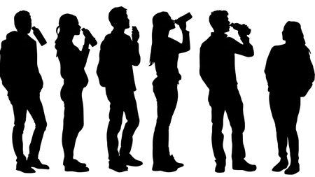 Black Solid Students Hydrating Silhouettes Set of Six on White Background isolated on plain white background.のイラスト素材