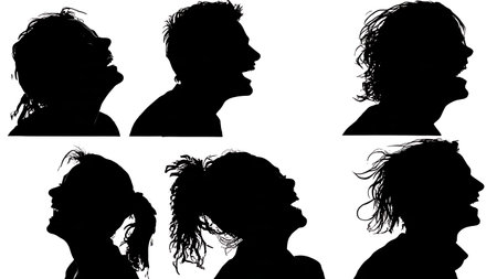 Black Solid Students Laughing Silhouettes Set of Six on White Background isolated on plain white background.のイラスト素材