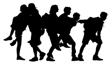 Black Solid Students Piggyback Silhouettes Set of Six on White Background isolated on plain white background.のイラスト素材