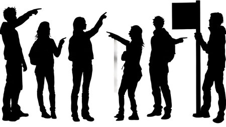 Black Solid Students Pointing Silhouettes Set of Six on White Background isolated on plain white background.のイラスト素材