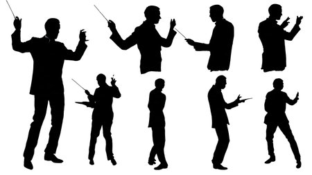 Black Solid Theremin Player Silhouettes Set of Six on White Background isolated on plain white background.のイラスト素材