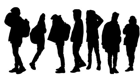 Black Solid Students Dressing Silhouettes Set of Six on White Background isolated on plain white background.のイラスト素材