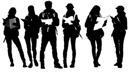 Black Solid Students Reading Map Silhouettes Set of Six on White Background isolated on plain white background.のイラスト素材