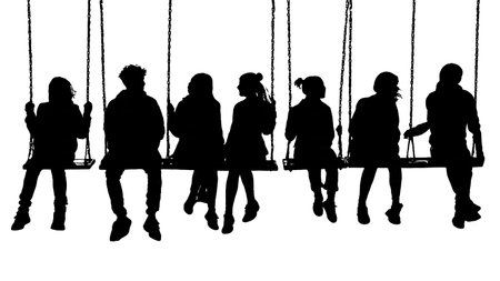 Black Solid Students on Swings Silhouettes Set of Six on White Background isolated on plain white background.のイラスト素材