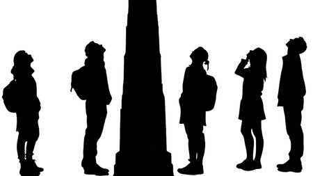 Black Solid Students Looking Up Silhouettes Set of Six on White Background isolated on plain white background.のイラスト素材