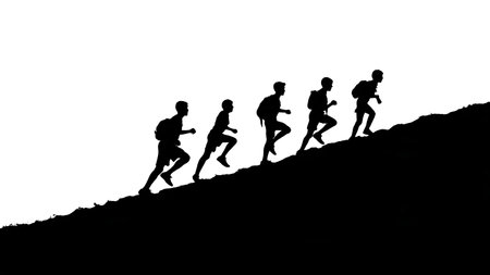 Black Solid Students Hill Run Silhouettes Set of Six on White Background isolated on plain white...