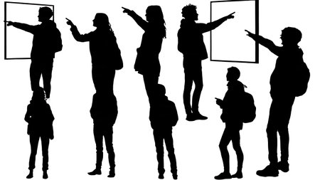 Black Solid Students Pointing Silhouettes Set of Six on White Background isolated on plain white background.のイラスト素材