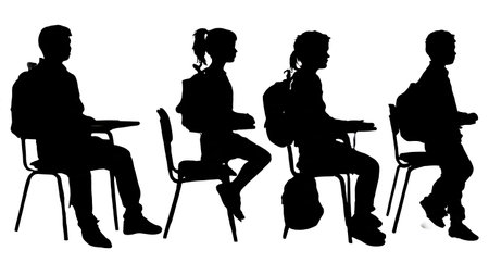 Black Solid Students Sitting Desk Silhouettes Set of Six on White Background isolated on plain white background.のイラスト素材