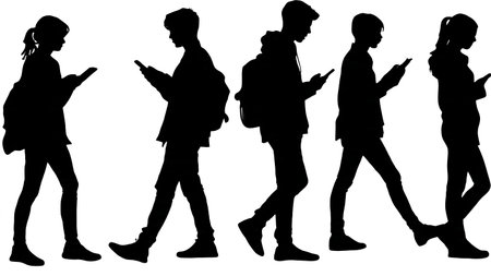 Black Solid Students Phone Surprise Silhouettes Set of Six on White Background isolated on plain white background.のイラスト素材