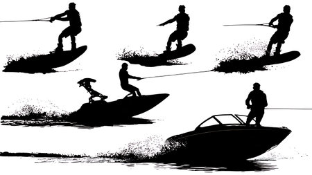 Black Solid Wakeboarding Silhouettes Set of Six on White Background isolated on plain white background.のイラスト素材
