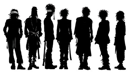 Black Solid Visual Kei Band Silhouettes Set of Six on White Background isolated on plain white background.のイラスト素材