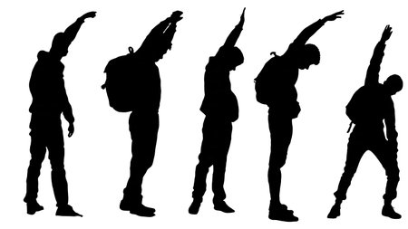 Black Solid Students Stretching Silhouettes Set of Six on White Background isolated on plain white background.のイラスト素材