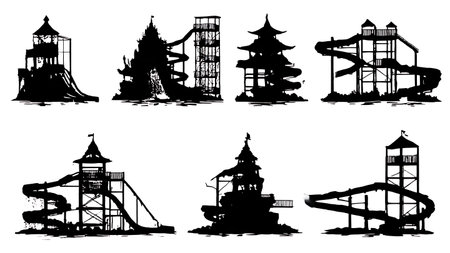 Black Solid Water Park Skyline Silhouettes Set of Six on White Background isolated on plain white background.のイラスト素材
