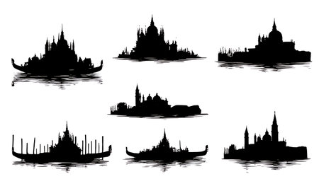 Black Solid Water City Skyline Silhouettes Set of Six on White Background isolated on plain white background.のイラスト素材