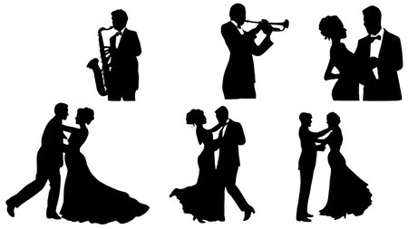 Black Solid Wedding Band Silhouettes Set of Six on White Background isolated on plain white background.のイラスト素材