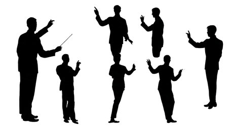 Black Solid Theremin Player Silhouettes Set of Six on White Background isolated on plain white background.のイラスト素材