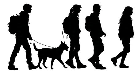 Black Solid Students Walking Dog Silhouettes Set of Six on White Background isolated on plain white background.のイラスト素材