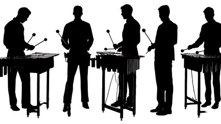 Black Solid Mallet Percussion Silhouettes Set of Six on White Background isolated on plain white background.のイラスト素材