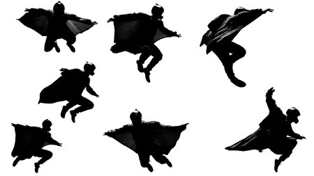 Black Solid Wingsuit Flying Silhouettes Set of Six on White Background isolated on plain white background.のイラスト素材