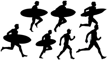 Black Solid Surf Lifesaving Silhouettes Set of Six on White Background isolated on plain white background.のイラスト素材