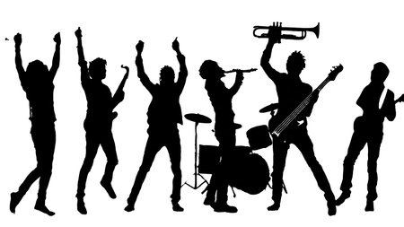 Black Solid Band Finale Pose Silhouettes Set of Six on White Background isolated on plain white background.のイラスト素材