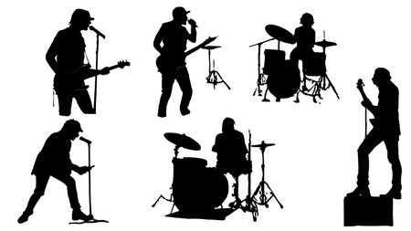 Black Solid Dive Bar Band Silhouettes Set of Six on White Background isolated on plain white background.のイラスト素材