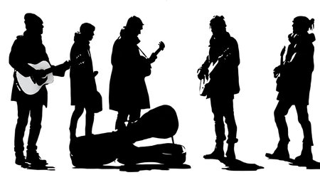 Black Solid Busking Band Silhouettes Set of Six on White Background isolated on plain white background.のイラスト素材