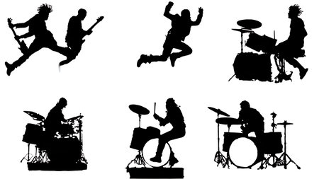 Black Solid Drum Riser Jump Silhouettes Set of Six on White Background isolated on plain white background.のイラスト素材