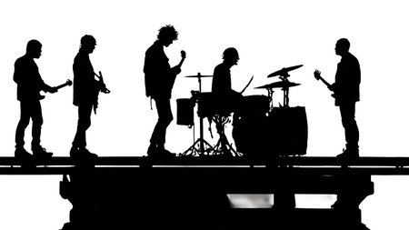 Black Solid Parade Float Band Silhouettes Set of Six on White Background isolated on plain white background.のイラスト素材
