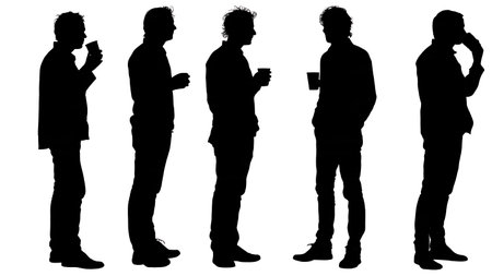 Black Solid Director Coffee Break Silhouettes Set of Six on White Background isolated on plain white background.のイラスト素材