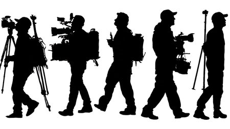 Black Solid Director Moving Gear Silhouettes Set of Six on White Background isolated on plain white...