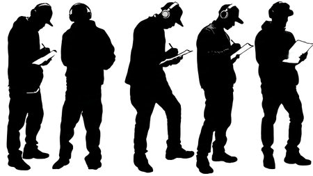 Black Solid DJ Writing Setlist Silhouettes Set of Six on White Background isolated on plain white background.のイラスト素材