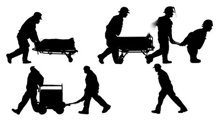 Black Solid Emergency Crash Cart Silhouettes Set of Six on White Background isolated on plain white background.のイラスト素材