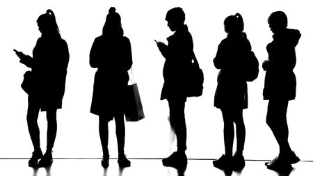 Black Solid Students Window Check Silhouettes Set of Six on White Background isolated on plain white...