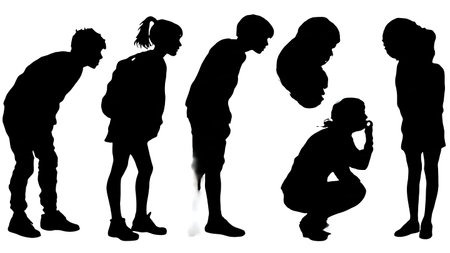 Black Solid Students Curious Poses Silhouettes Set of Six on White Background isolated on plain...
