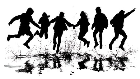 Black Solid Students Jumping Puddle Silhouettes Set of Six on White Background isolated on plain...