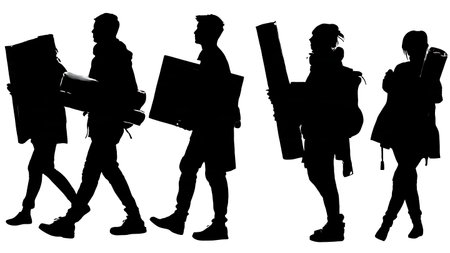 Black Solid Art Students Silhouettes Set of Six on White Background isolated on plain white...