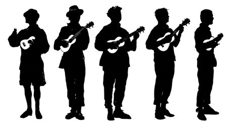 Black Solid Ukulele Group Silhouettes Set of Six on White Background isolated on plain white background.のイラスト素材