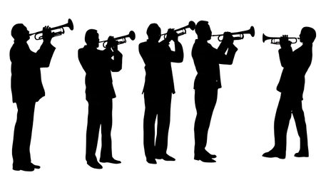 Black Solid Trumpet Section Silhouettes Set of Six on White Background isolated on plain white background.のイラスト素材