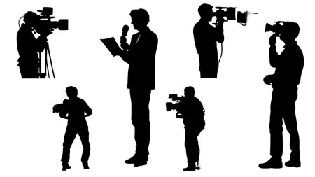 Black Solid Camera Crew Silhouettes Set of Six on White Background isolated on plain white background.のイラスト素材