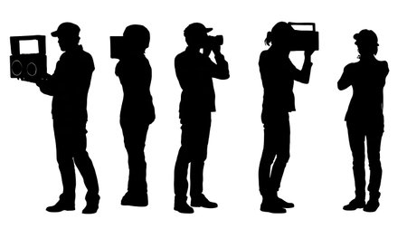 Black Solid Reporter Audio Check Silhouettes Set of Six on White Background isolated on plain white...