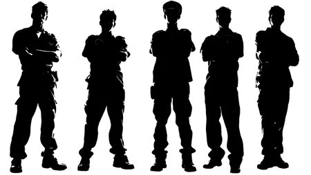 Black Solid Paramedic Standing Ready Silhouettes Set of Six on White Background isolated on plain...