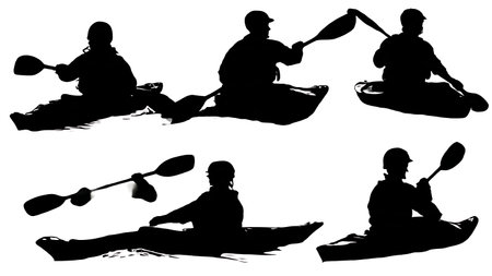 Black Solid River Kayaking Silhouettes Set of Six on White Background isolated on plain white background.のイラスト素材