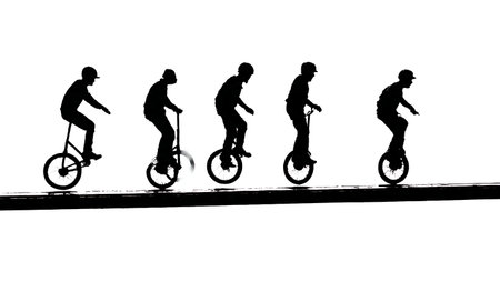 Black Solid Unicycle Rail Balance Silhouettes Set of Six on White Background isolated on plain white background.のイラスト素材