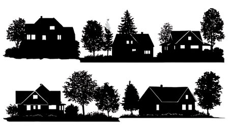 Black Solid Suburban House Skyline Silhouettes Set of Six on White Background isolated on plain white background.のイラスト素材