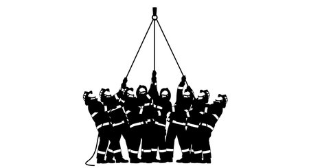 Black Solid Firefighter Hoisting Rope Silhouettes Set of Six isolated on plain white background.のイラスト素材