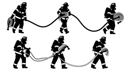 Black Solid Firefighter High Rise Pack Silhouettes Set of Six isolated on plain white background.のイラスト素材