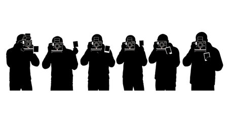 Black Solid Instant Camera Photographer Silhouettes Set of Six on White Background isolated on plain...