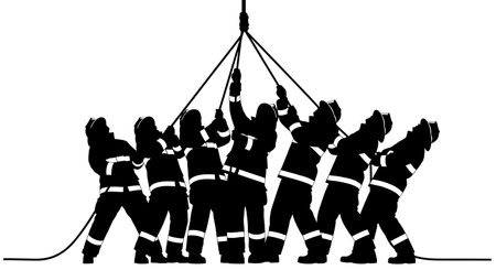 Black Solid Firefighter Hoisting Rope Silhouettes Set of Six isolated on plain white background.のイラスト素材